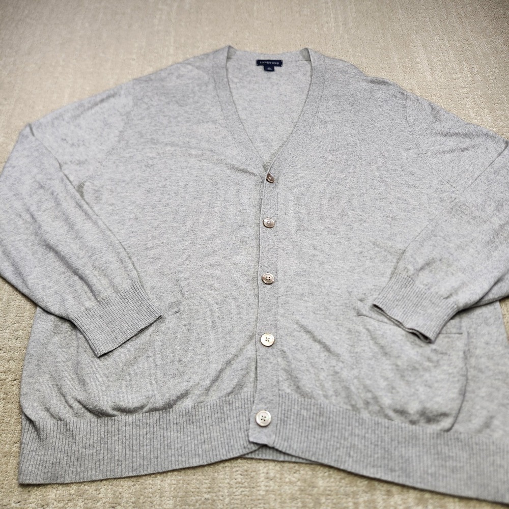 Lands End Cardigan Sweater Men‎ XXL Gray V Neck Cotton Knit Preppy Academia
